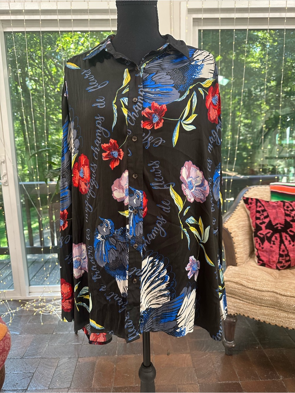 Free People Black Skirt with Red, Blue and White Floral Print
